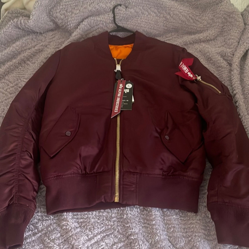 Alpha industries burgundy bomber jacket (L).